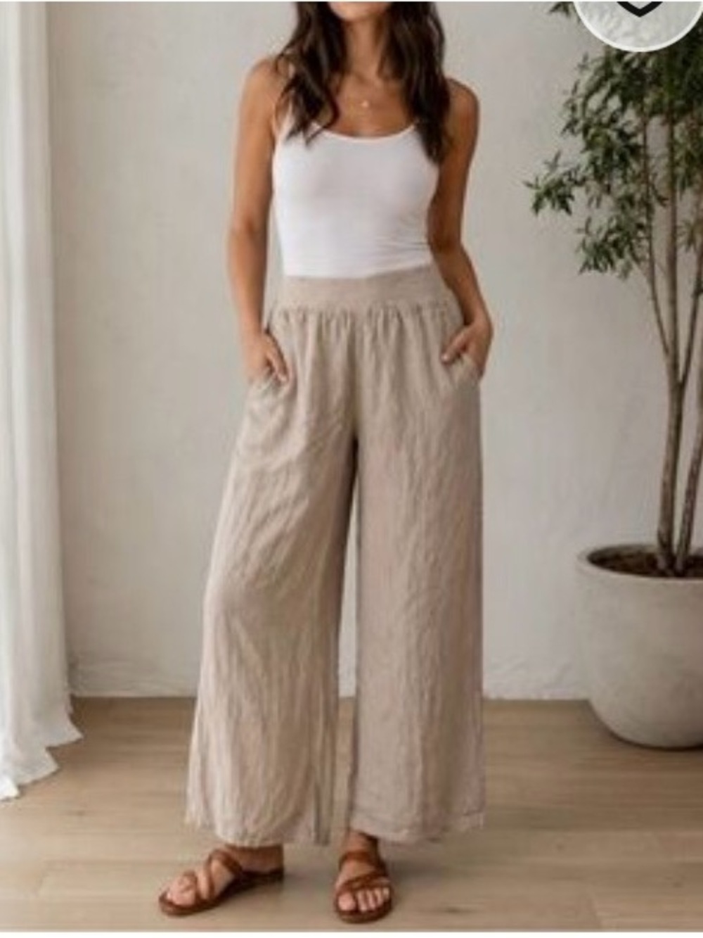 Cobblestone Living women’s L/XL beige Wide-Leg 100% Linen Pants Jersey waistband